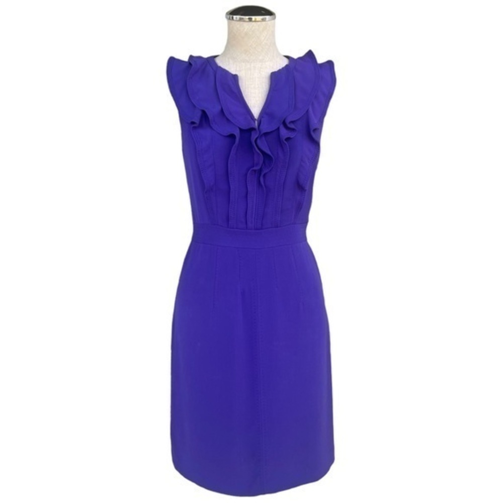 Tory Burch ✘ Purple Racea Ruffle V Neck Silk Sleeveless Midi Cocktail Dress, 2